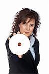 Business woman holding a dvd disc over a white background. Focus on dvd disc