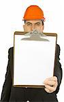 engineer holding clipboard isolated on a white background
