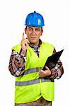 Construction worker with green safety vest and blank notebook. Finger up