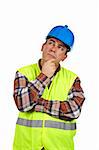 Construction worker with green safety vest thinking, over a white background