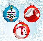 Christmas baubles with pictures of a Santa hat, snowman, and Christmas tree reflected or painted on them! Shading by blends, no meshes used.