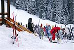 Ski rack near a chalet at downhill ski resort