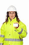 Female construction worker holding one blank card over a white background