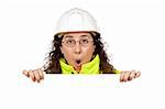 Female construction worker surprised behind the  blank banner