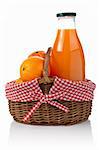 Three oranges and one bottle of fresh juice in a basket reflected on white background