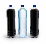 Plastic bottles of water and cola over white background