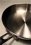 A close up of a stainless steel frying pan.