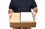 Courier delivering a package and holding a clipboard for a signature. Box on focus, shallow DOF