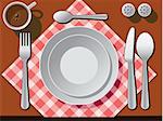 Place setting with plate, fork, spoon knife, and coffee cup.