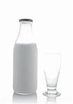 A glass and bottle of fresh milk reflected on white background