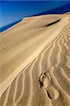 Single footprint on sand dunes with sea and sky