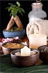 Spa; candles, scented stones, body scrub, black mud, bath salt