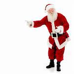 Santa Claus standing, full length, pointing to copy space, white background