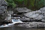 A small waterfall over rock with a forest in the background