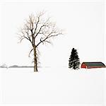 Red barn in snow covered landscape in Midwestern, USA.
