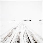 Deserted dirt road in blizzard.