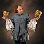 William Shakespeare in period clothing holding theatrical masks in either hand.