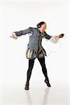 William Shakespeare in period clothing listening to mp3 player and dancing.