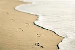 Scenic sandy coastline with footprints and waves.