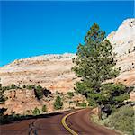 Two lane road winding along desert cliffs in Zion National Park, Utah.