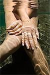 Hands and legs of Caucasian nude female sitting underwater.