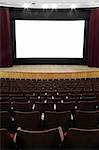 empty movie screen, red open curtain, wooden stage, wooden seats