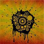 retro circles and ink splats on grunge background with rays