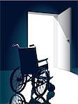 Open door with an empty wheel chair