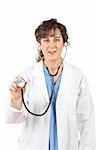 Friendly female doctor  in lab coat with stethoscope on white background