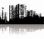 Illustration of a city skyline with reflection in black and white