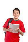 Teen student with a black backpack, holding the notebook, on white background