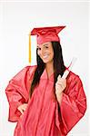 A female caucasian in red graduation gown and very excited.  She is on a white background.