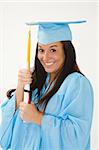 A female caucasian in light blue graduation gown and very excited.  She is on a white background.