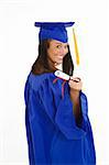 A female caucasian in navy blue graduation gown and very excited.  She is on a white background.