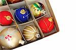 Top view of christmas ornaments in a box
