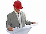 Construction engineer in red protective hat, studying the projects