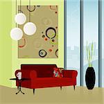 Modern living room; colorful and stylized. Each item is grouped so you can use them independently from the background. Easy-edit layered file.