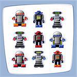 Colorful, pixel art robot icons with cast shadow. Easy-edit vector file.