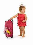 Baby girl in red dress with traveler bag, looking to the horizon (isolated)