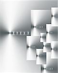 Abstract design of various rectangular repeated designs of eight points of light in silver grey and white.