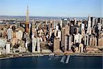 Aerial view of Manhattan and East River in New York City.