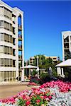 View of modern upscale condominium buildings with landscaping