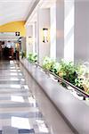 Hospital corridor leading to a reception area