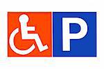 Disabled parking sign in orange and blue, over white.