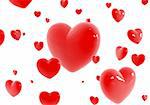 Red glossy hearts flying over white background