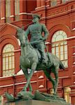 Statue of marshal zhukov with History Museum on the background at Red Square in Moscow, Russia