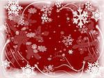 white snowflakes over red background with feather corners