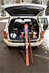 Rear view of automobile with back door open and ski equipment inside.