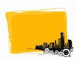 Yellow board with silhouette of city in the corner. Vector