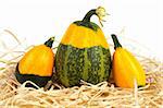 A yellow and green pumpkins, on straw background. Shallow DOF